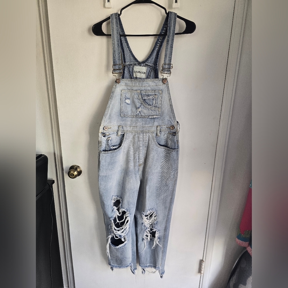 Carmar Distressed Light Blue Denim Overalls Size Small NWOT